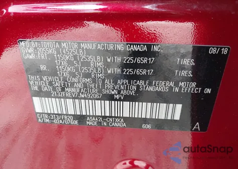 2018 Toyota Rav4 Le из США, поврежденный, VIN 2T3ZFREV7JW492067